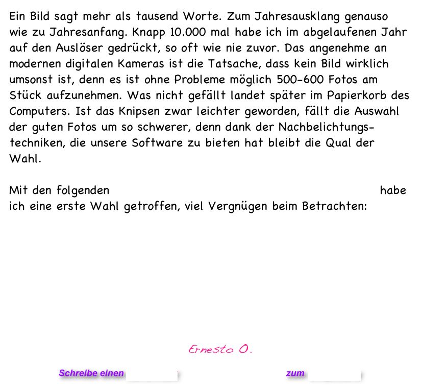 Ein Bild sagt mehr als tausend Worte. Zum Jahresausklang genauso wie zu Jahresanfang. Knapp 10.000 mal habe ich im abgelaufenen Jahr auf den Auslöser gedrückt, so oft wie nie zuvor. Das angenehme an modernen digitalen Kameras ist die Tatsache, dass kein Bild wirklich umsonst ist, denn es ist ohne Probleme möglich 500-600 Fotos am Stück aufzunehmen. Was nicht gefällt landet später im Papierkorb des Computers. Ist das Knipsen zwar leichter geworden, fällt die Auswahl der guten Fotos um so schwerer, denn dank der Nachbelichtungs-techniken, die unsere Software zu bieten hat bleibt die Qual der Wahl. 

Mit den folgenden 60 Winterimpressionen der Jahre 2000 - 2009 habe ich eine erste Wahl getroffen, viel Vergnügen beim Betrachten:








                                                                                    Ernesto O. 

Schreibe einen Kommentar                            zum Blog-Archiv