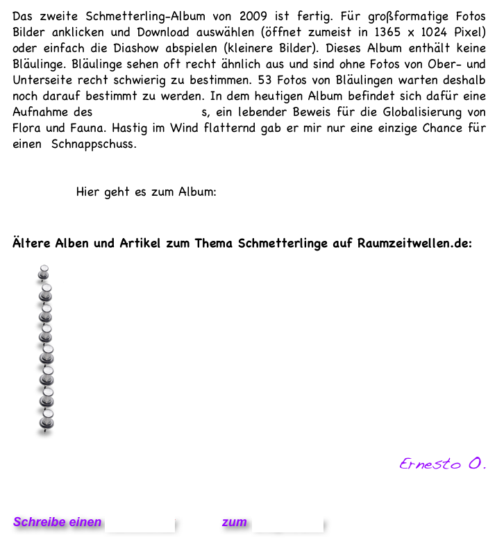Das zweite Schmetterling-Album von 2009 ist fertig. Für großformatige Fotos Bilder anklicken und Download auswählen (öffnet zumeist in 1365 x 1024 Pixel) oder einfach die Diashow abspielen (kleinere Bilder). Dieses Album enthält keine Bläulinge. Bläulinge sehen oft recht ähnlich aus und sind ohne Fotos von Ober- und Unterseite recht schwierig zu bestimmen. 53 Fotos von Bläulingen warten deshalb noch darauf bestimmt zu werden. In dem heutigen Album befindet sich dafür eine Aufnahme des Buchsbaumzünslers, ein lebender Beweis für die Globalisierung von Flora und Fauna. Hastig im Wind flatternd gab er mir nur eine einzige Chance für einen  Schnappschuss.


 Hier geht es zum Album: Schmetterlinge 2009 - Bläulinge (3) 


Ältere Alben und Artikel zum Thema Schmetterlinge auf Raumzeitwellen.de:

   Alle Alben seit 2007
  Die Jahreszeit der Falter  (1)
  Schönbär - Schmetterling des Jahres 2010
  Update: Schmetterlinge 2008
 Die Rückkehr der Schmetterlinge II
 Die Rückkehr der Schmetterlinge
 Der letzte Schmetterling
 Schmetterlinge in Mitteleuropa 
 
Ernesto O. 


Schreibe einen Kommentar         zum Blog-Archiv
