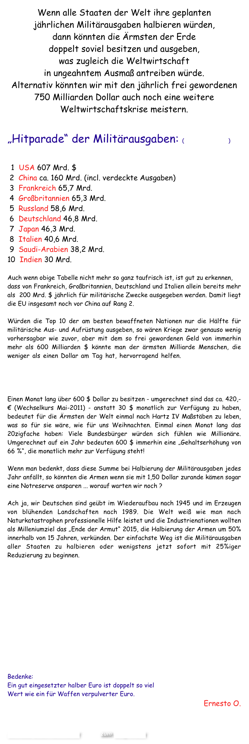 Wenn alle Staaten der Welt ihre geplanten  jährlichen Militärausgaben halbieren würden,  dann könnten die Ärmsten der Erde  doppelt soviel besitzen und ausgeben,  was zugleich die Weltwirtschaft  in ungeahntem Ausmaß antreiben würde.
Alternativ könnten wir mit den jährlich frei gewordenen 750 Milliarden Dollar auch noch eine weitere Weltwirtschaftskrise meistern.   

„Hitparade“ der Militärausgaben: (Quelle Wikipedia) 


  1  USA 607 Mrd. $
 2  China ca. 160 Mrd. (incl. verdeckte Ausgaben)
 3  Frankreich 65,7 Mrd.
 4  Großbritannien 65,3 Mrd.
 5  Russland 58,6 Mrd.
 6  Deutschland 46,8 Mrd.
 7  Japan 46,3 Mrd.
 8  Italien 40,6 Mrd.
 9  Saudi-Arabien 38,2 Mrd.
10  Indien 30 Mrd.

Auch wenn obige Tabelle nicht mehr so ganz taufrisch ist, ist gut zu erkennen, 
dass von Frankreich, Großbritannien, Deutschland und Italien allein bereits mehr als  200 Mrd. $ jährlich für militärische Zwecke ausgegeben werden. Damit liegt die EU insgesamt noch vor China auf Rang 2. 

Würden die Top 10 der am besten bewaffneten Nationen nur die Hälfte für militärische Aus- und Aufrüstung ausgeben, so wären Kriege zwar genauso wenig vorhersagbar wie zuvor, aber mit dem so frei gewordenen Geld von immerhin mehr als 600 Milliarden $ könnte man der ärmsten Milliarde Menschen, die weniger als einen Dollar am Tag hat, hervorragend helfen. 2,5 Mrd. Menschen verfügen über weniger als 2 $ am Tag, davon 1,4 Mrd. mit weniger als 1,25 $ pro Tag.  1,1 Mrd. Menschen haben nicht einmal einen Dollar zur Verfügung (Stand 2001) 

Einen Monat lang über 600 $ Dollar zu besitzen - umgerechnet sind das ca. 420,- € (Wechselkurs Mai-2011) - anstatt 30 $ monatlich zur Verfügung zu haben, bedeutet für die Ärmsten der Welt einmal nach Hartz IV Maßstäben zu leben, was so für sie wäre, wie für uns Weihnachten. Einmal einen Monat lang das 20zigfache haben: Viele Bundesbürger würden sich fühlen wie Millionäre. Umgerechnet auf ein Jahr bedeuten 600 $ immerhin eine „Gehaltserhöhung von 66 %“, die monatlich mehr zur Verfügung steht! 

Wenn man bedenkt, dass diese Summe bei Halbierung der Militärausgaben jedes Jahr anfällt, so könnten die Armen wenn sie mit 1,50 Dollar zurande kämen sogar eine Notreserve ansparen ... worauf warten wir noch ? 

Ach ja, wir Deutschen sind geübt im Wiederaufbau nach 1945 und im Erzeugen von blühenden Landschaften nach 1989. Die Welt weiß wie man nach Naturkatastrophen professionelle Hilfe leistet und die Industrienationen wollten als Milleniumziel das „Ende der Armut“ 2015, die Halbierung der Armen um 50% innerhalb von 15 Jahren, verkünden. Der einfachste Weg ist die Militärausgaben aller Staaten zu halbieren oder wenigstens jetzt sofort mit 25%iger Reduzierung zu beginnen.  













Bedenke: 
Ein gut eingesetzter halber Euro ist doppelt so viel
Wert wie ein für Waffen verpulverter Euro.
Ernesto O.
  

                          

Schreibe einen Kommentar         zum Blog-Archiv
