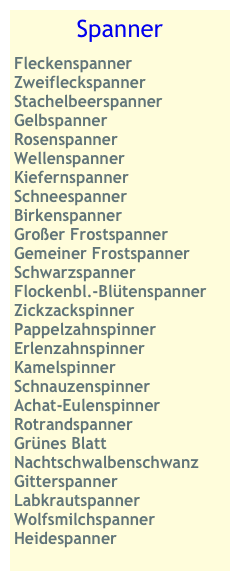 Spanner   
Fleckenspanner
Zweifleckspanner
Stachelbeerspanner
Gelbspanner
Rosenspanner
Wellenspanner
Kiefernspanner
Schneespanner
Birkenspanner
Großer Frostspanner
Gemeiner Frostspanner
Schwarzspanner
Flockenbl.-Blütenspanner
Zickzackspinner
Pappelzahnspinner
Erlenzahnspinner
Kamelspinner
Schnauzenspinner
Achat-Eulenspinner Rotrandspanner
Grünes Blatt
Nachtschwalbenschwanz Gitterspanner
Labkrautspanner Wolfsmilchspanner Heidespanner  