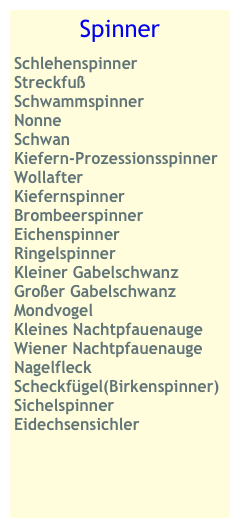 Spinner  
Schlehenspinner
Streckfuß
Schwammspinner
Nonne
Schwan
Kiefern-Prozessionsspinner
Wollafter
Kiefernspinner
Brombeerspinner
Eichenspinner
Ringelspinner
Kleiner Gabelschwanz
Großer Gabelschwanz
Mondvogel Kleines Nachtpfauenauge
Wiener Nachtpfauenauge
Nagelfleck
Scheckfügel(Birkenspinner)
Sichelspinner
Eidechsensichler
 