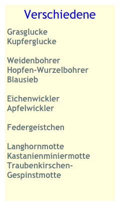 Verschiedene
Grasglucke
Kupferglucke

Weidenbohrer
Hopfen-Wurzelbohrer
Blausieb

Eichenwickler
Apfelwickler

Federgeistchen

Langhornmotte
Kastanienminiermotte
Traubenkirschen-Gespinstmotte

