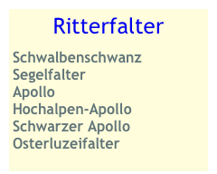 Ritterfalter 
Schwalbenschwanz
Segelfalter
Apollo
Hochalpen-Apollo Schwarzer Apollo Osterluzeifalter 