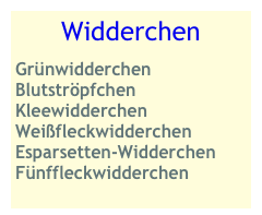 Widderchen 
Grünwidderchen
Blutströpfchen
Kleewidderchen
Weißfleckwidderchen Esparsetten-Widderchen Fünffleckwidderchen
 